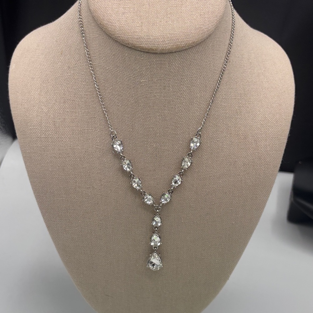 Silver Teardrop Y-Necklace with Clear Stones